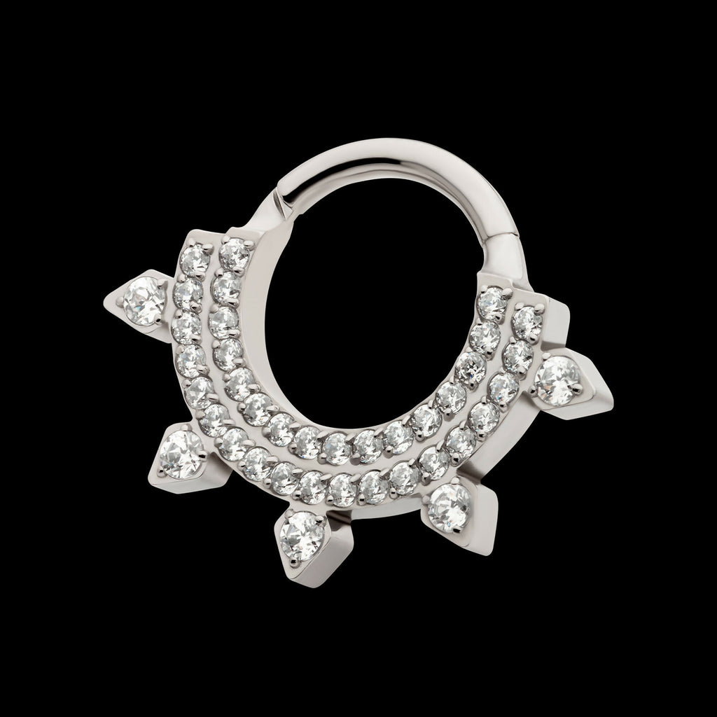 Double Row CNC Set Round CZ with 5 Round CZ Spike Edge Front Facing Hinged Segment Clicker Hoop Earring / Nosering – Titanium