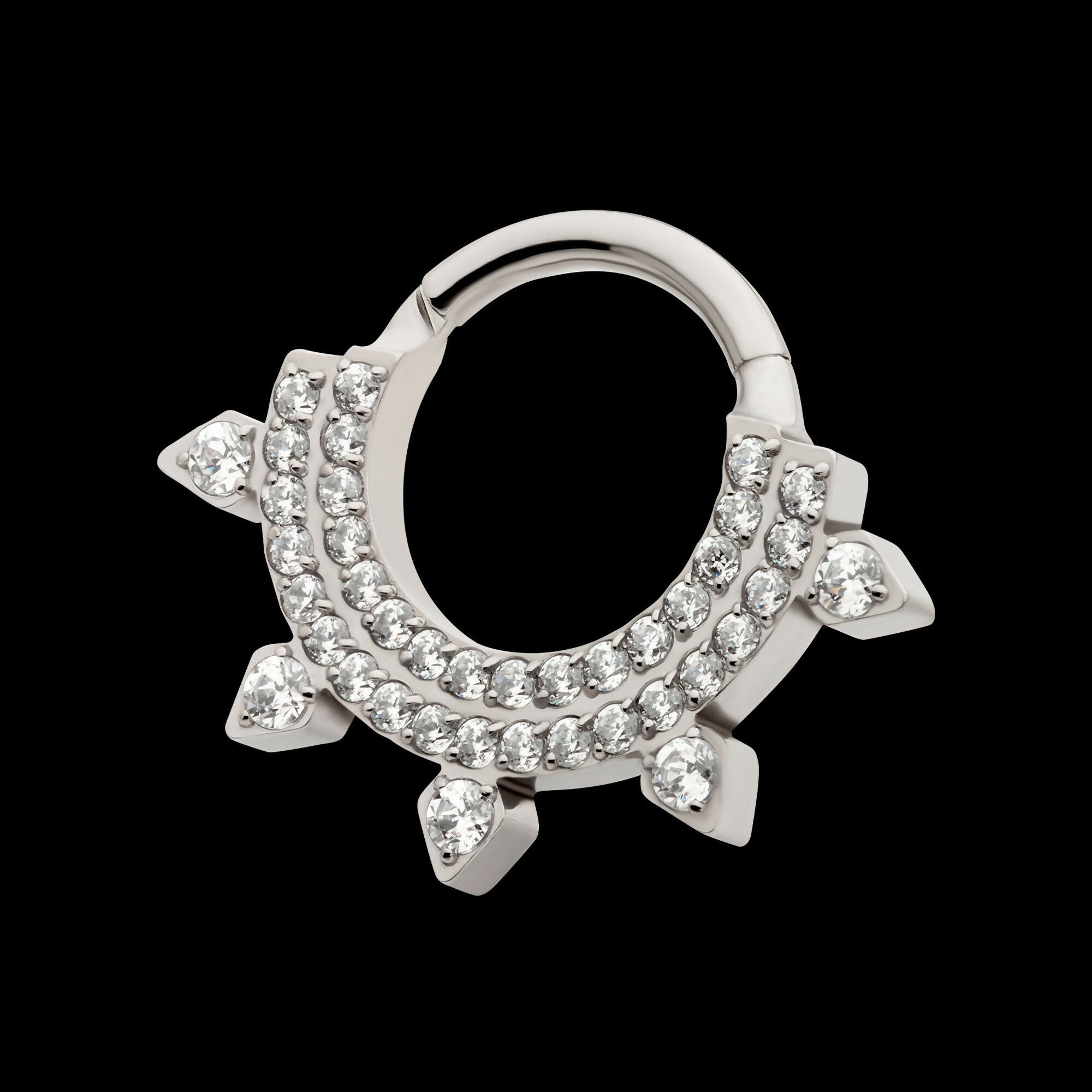 Double Row CNC Set Round CZ with 5 Round CZ Spike Edge Front Facing Hinged Segment Clicker Hoop Earring / Nosering – Titanium