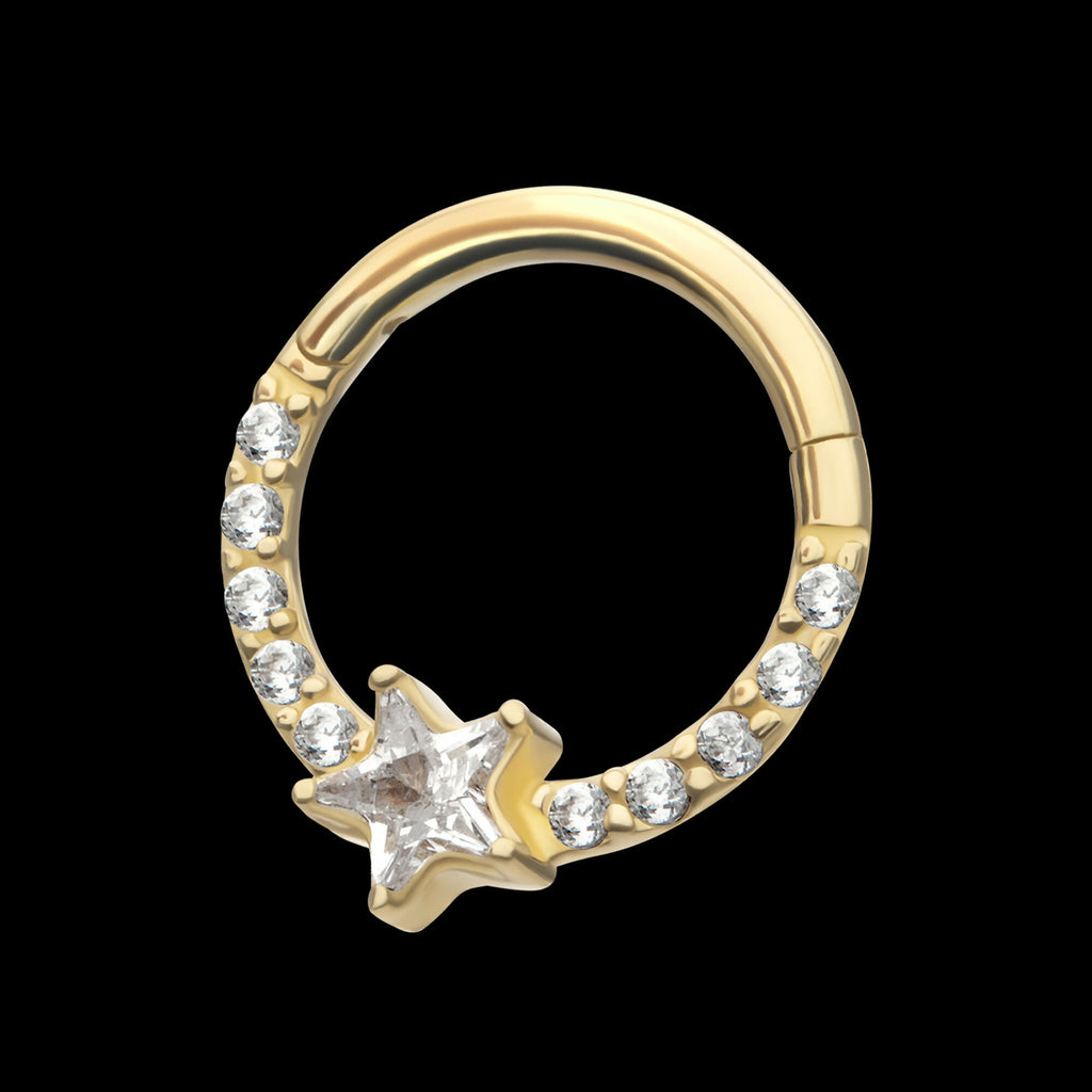 1mm CNC Set Gem Cluster with 3mm Star Gem Front Facing Hinged Segment Clicker Hoop Earring / Nosering – 14Kt Gold