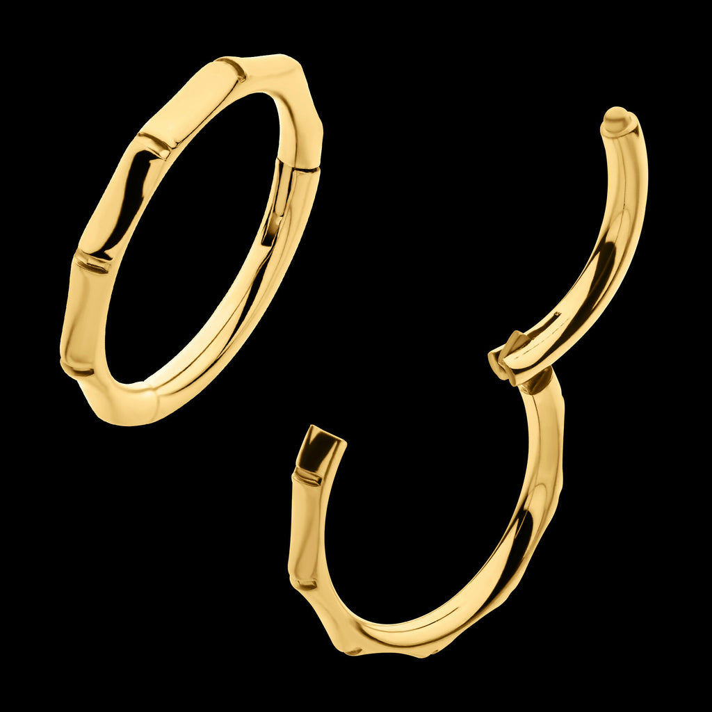 24Kt Gold PVD Titanium Bamboo Design Side Facing Hinged Segment Clicker Hoop Earring / Nosering