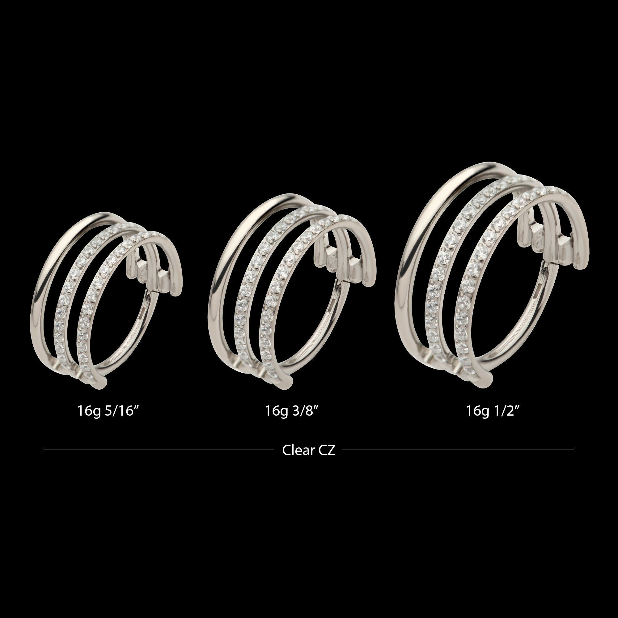 CNC Set Clear CZ in 2 Consecutive Hoops Triple Row Side Facing Hinged Segment Clicker Earring / Nosering – Titanium