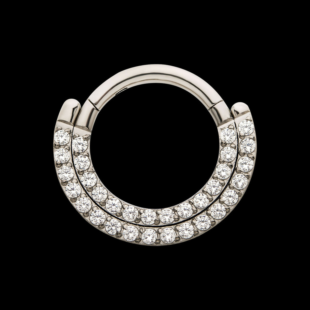 Double Row Prong Set Clear CZ Front Facing Hinged Segment Clicker Hoop Earring / Nosering – Titanium