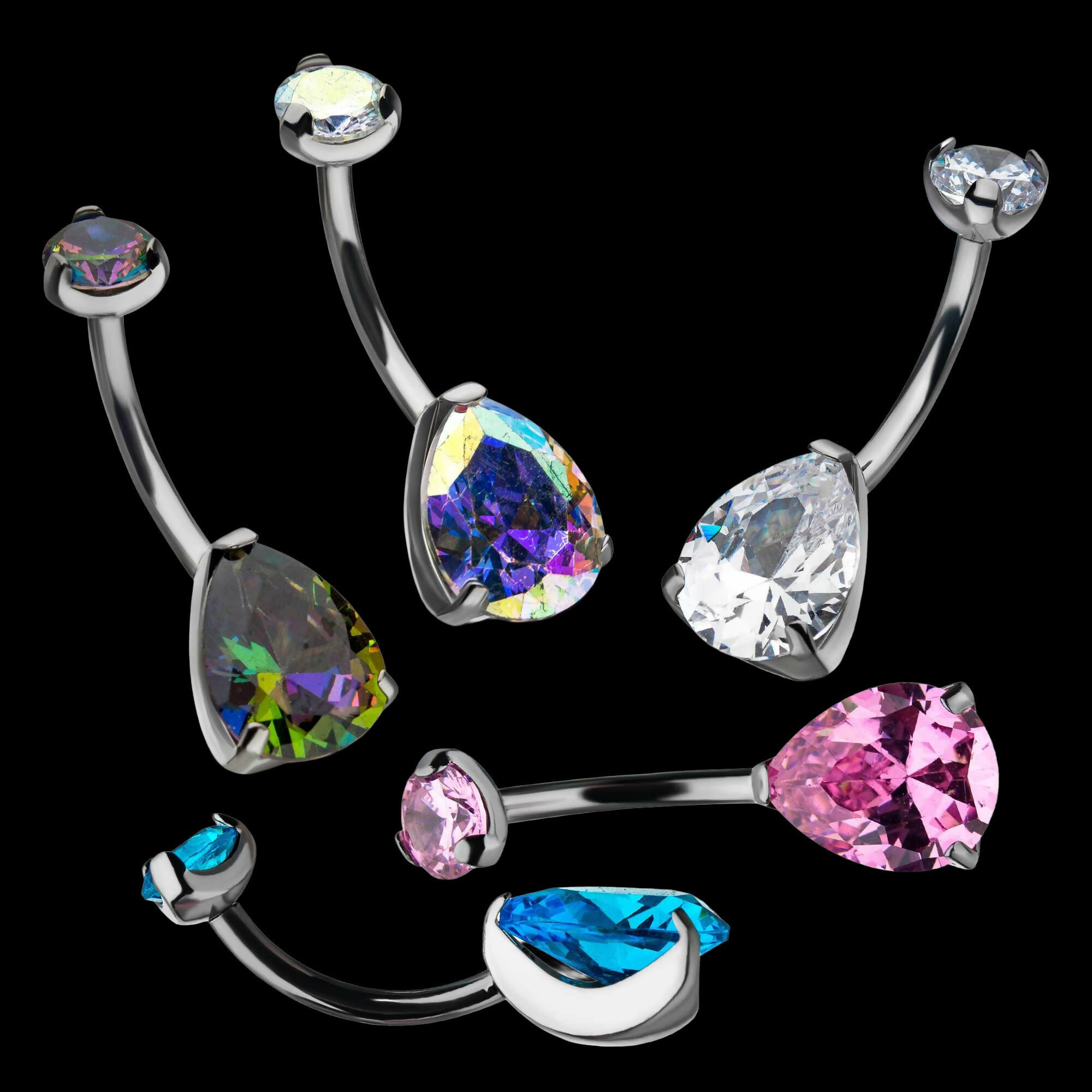 Internally Threaded Double CZ Gem 3-Prong Teardrop Navel Curves Earring / Nosering – Titanium
