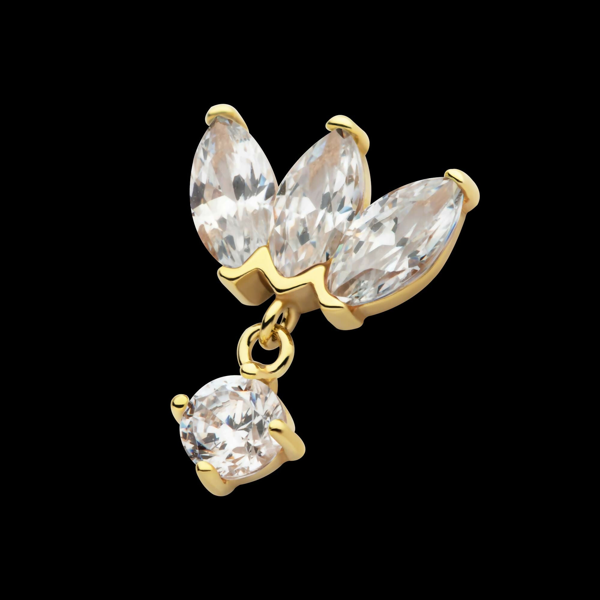 14Kt Gold Threadless 3 Cluster Fan Shape Marquise CZ/Opal Top with Dangle Prong Set CZ/Opal