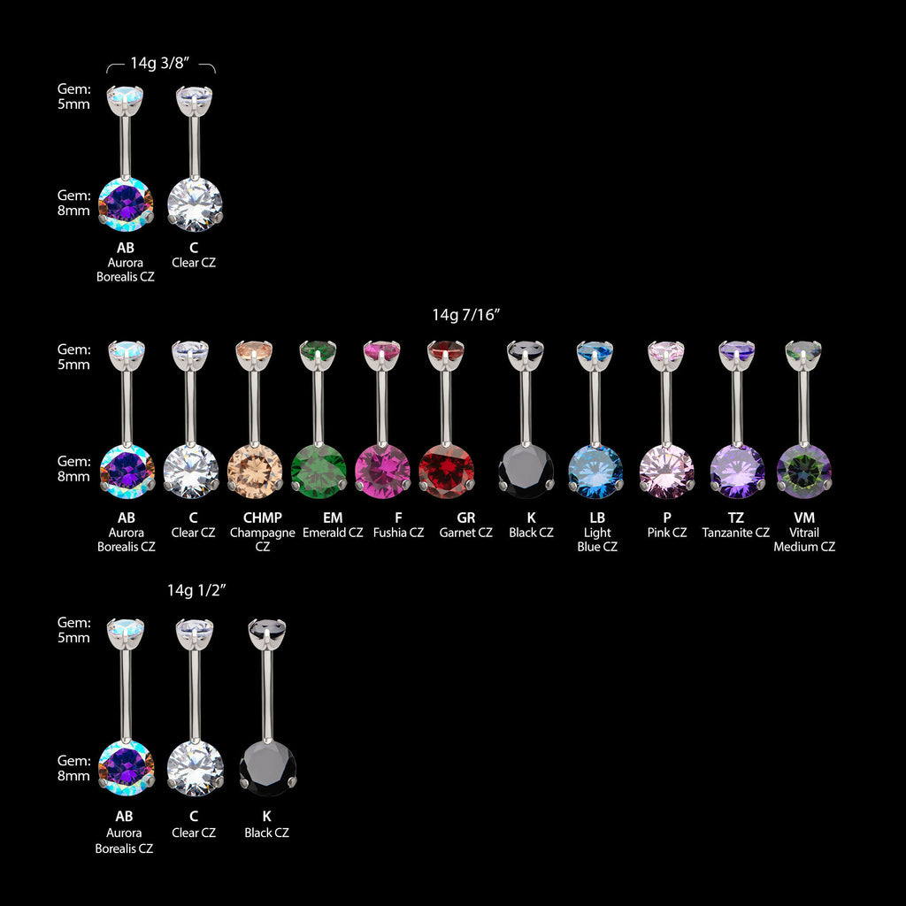 Internally Threaded Double 3-Prong Round Gem Fixed Bottom Navel Earring / Nosering – Titanium