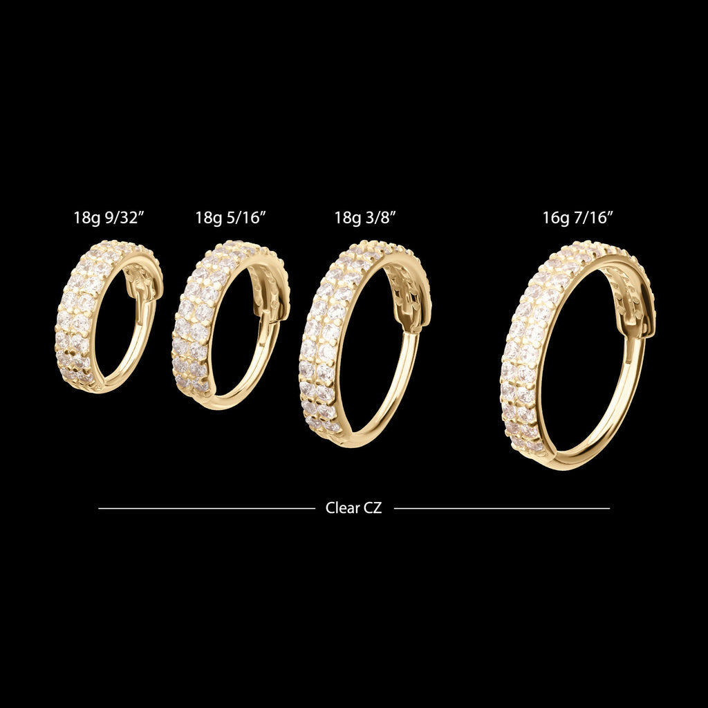 Double Row Pave Gem Side Facing Hinged Segment Clicker Hoop Earring / Nosering – 14Kt Yellow Gold