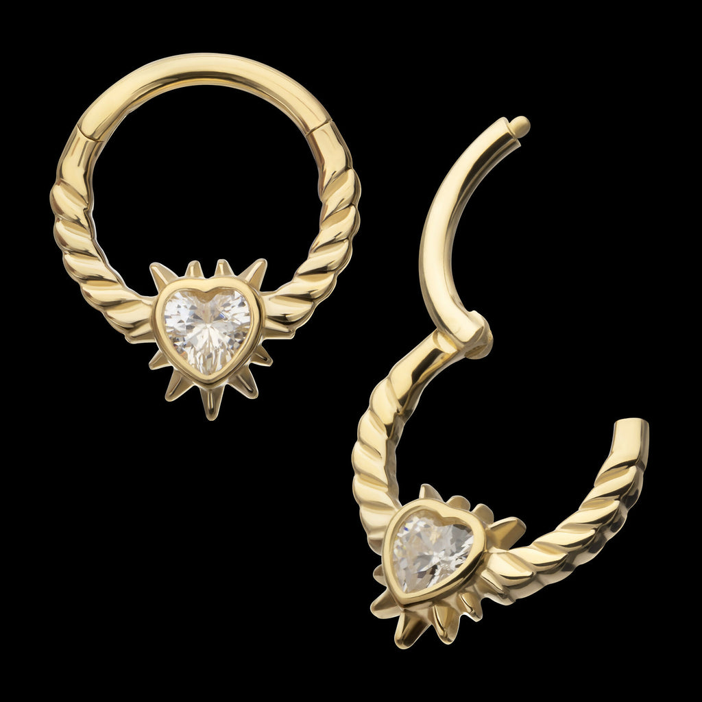 Spike Edge Bezel Heart Gem Wired Hoop Front Facing Hinged Segment Clicker Earring / Nosering – 14kt Yellow Gold