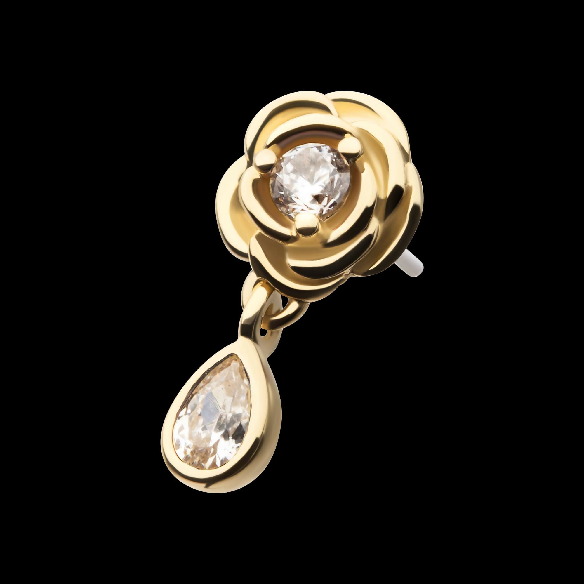 Prong Set Round Gem Rose Flower with Teardrop Dangle Flatback Stud Earring / Nosering - Gem in 14Kt Yellow Gold