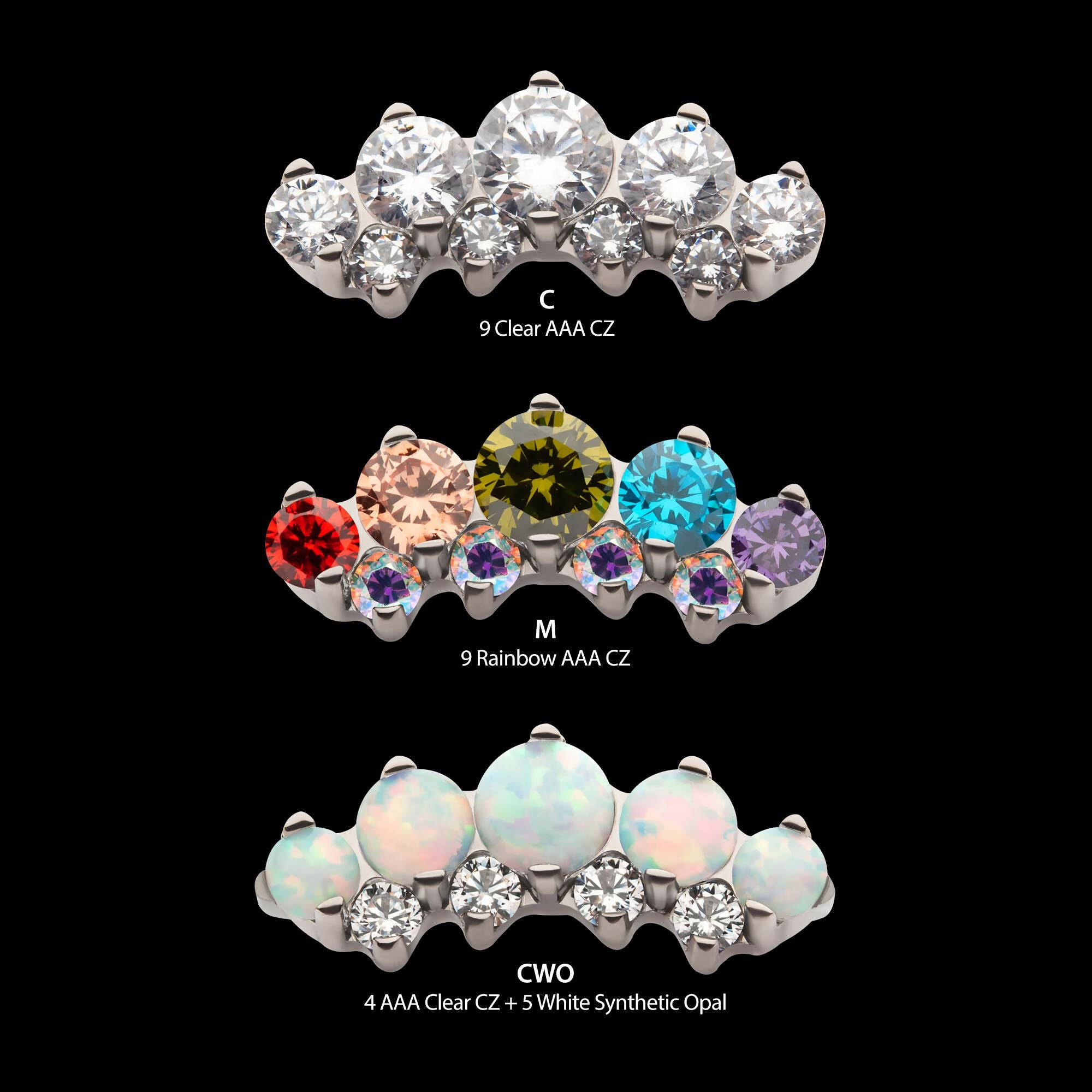 Titanium Threadless Prong Set Round CZ/Opal Terraced Cluster Top