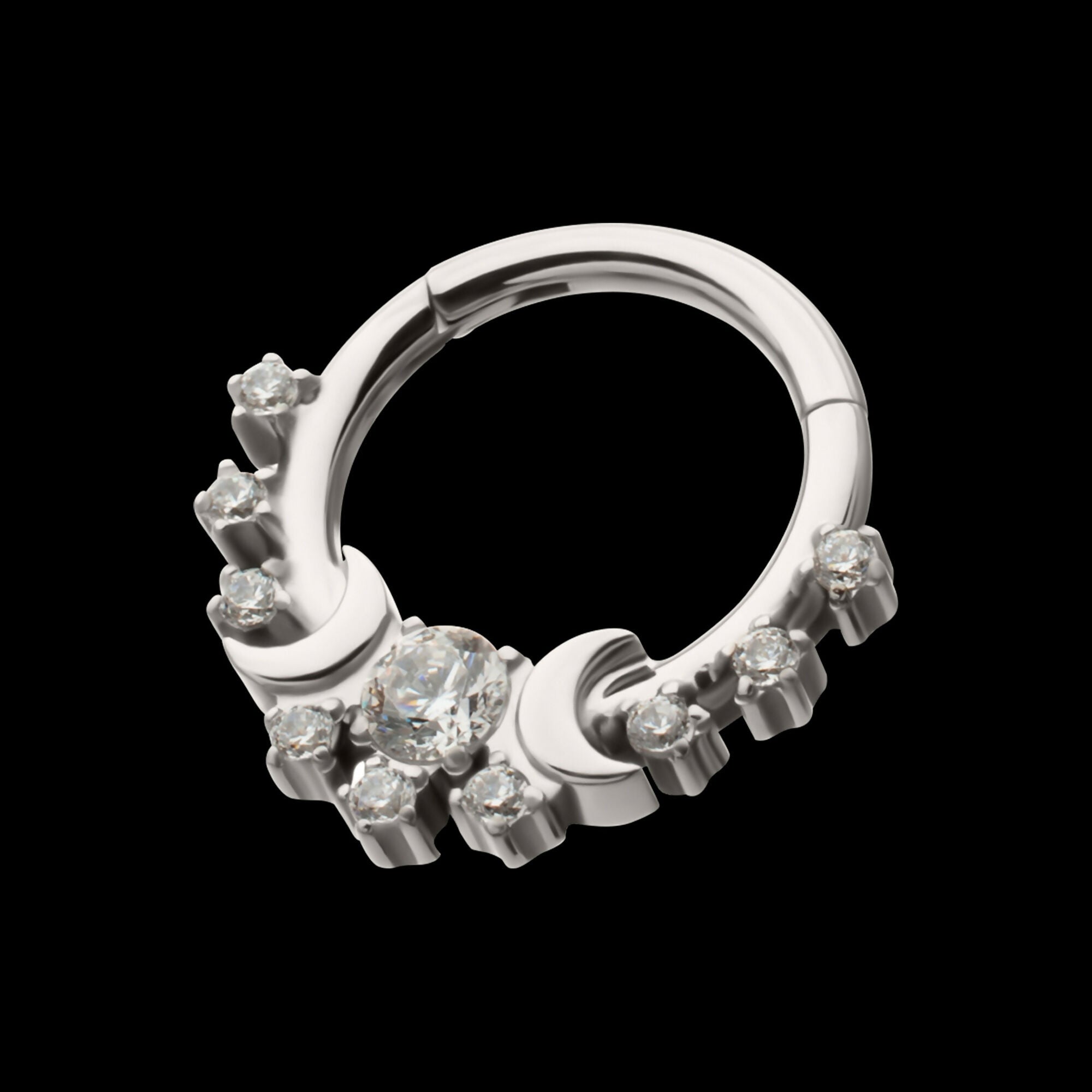 Triple Moon Phase with Prong Set Gem Cluster Front Facing Hinged Segment Clicker Hoop Earring / Nosering – Titanium
