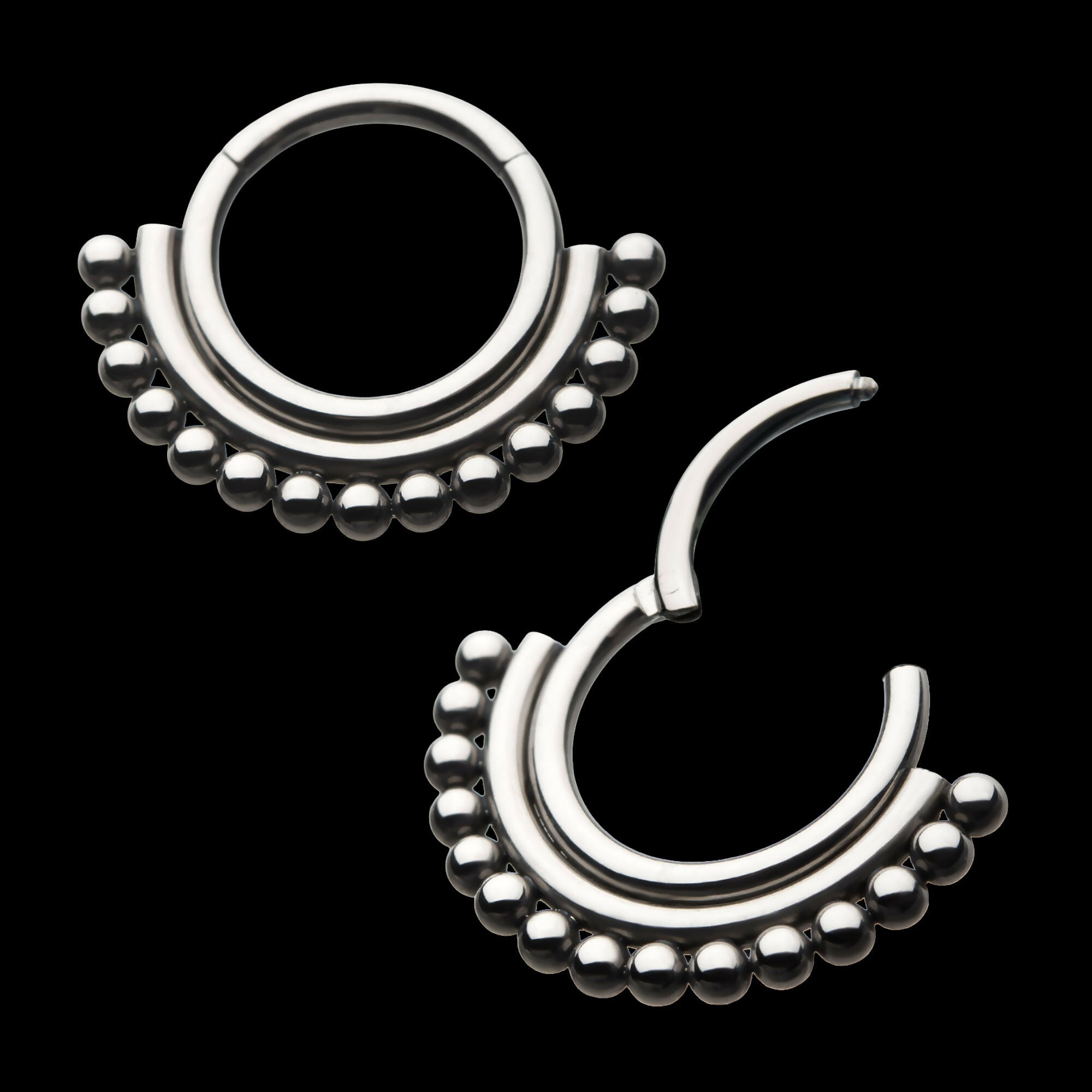 15-Beaded Classic Front Facing Hinged Segment Clicker Hoop Earring / Nosering – Titanium