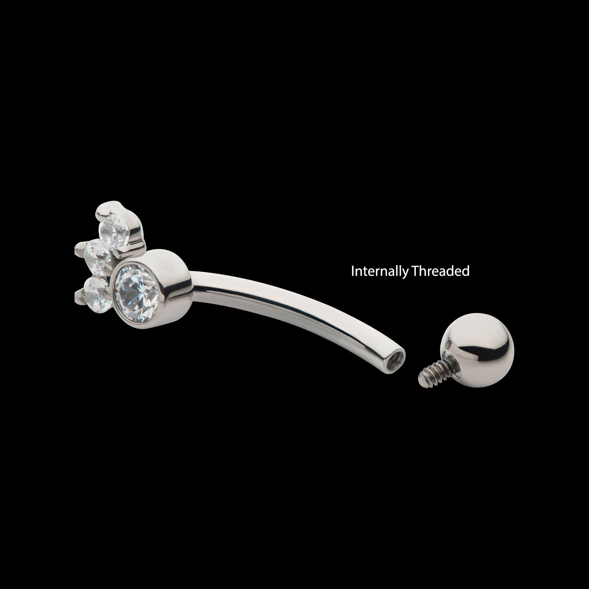 Internally Threaded with 4 Clear AAA CZ Fixed Top Curved Barbell Earring / Nosering – Titanium