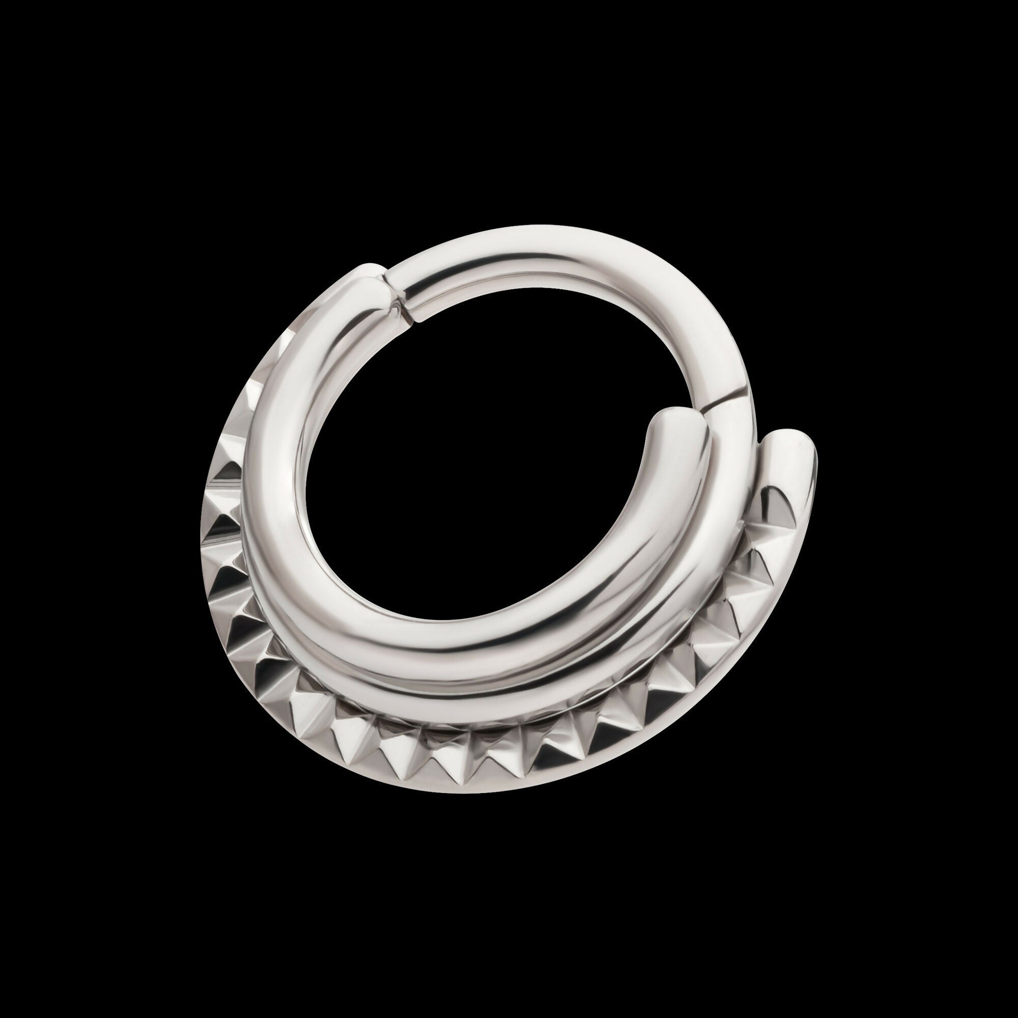 Terraced Triple Stack with Pyramid Stud Front Facing Hinged Segment Clicker Hoop Earring / Nosering – Titanium
