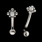 Internally Threaded with Beads Around Bezel Set Clear AAA CZ Flower Fixed Top Curved Barbell Earring / Nosering – Titanium