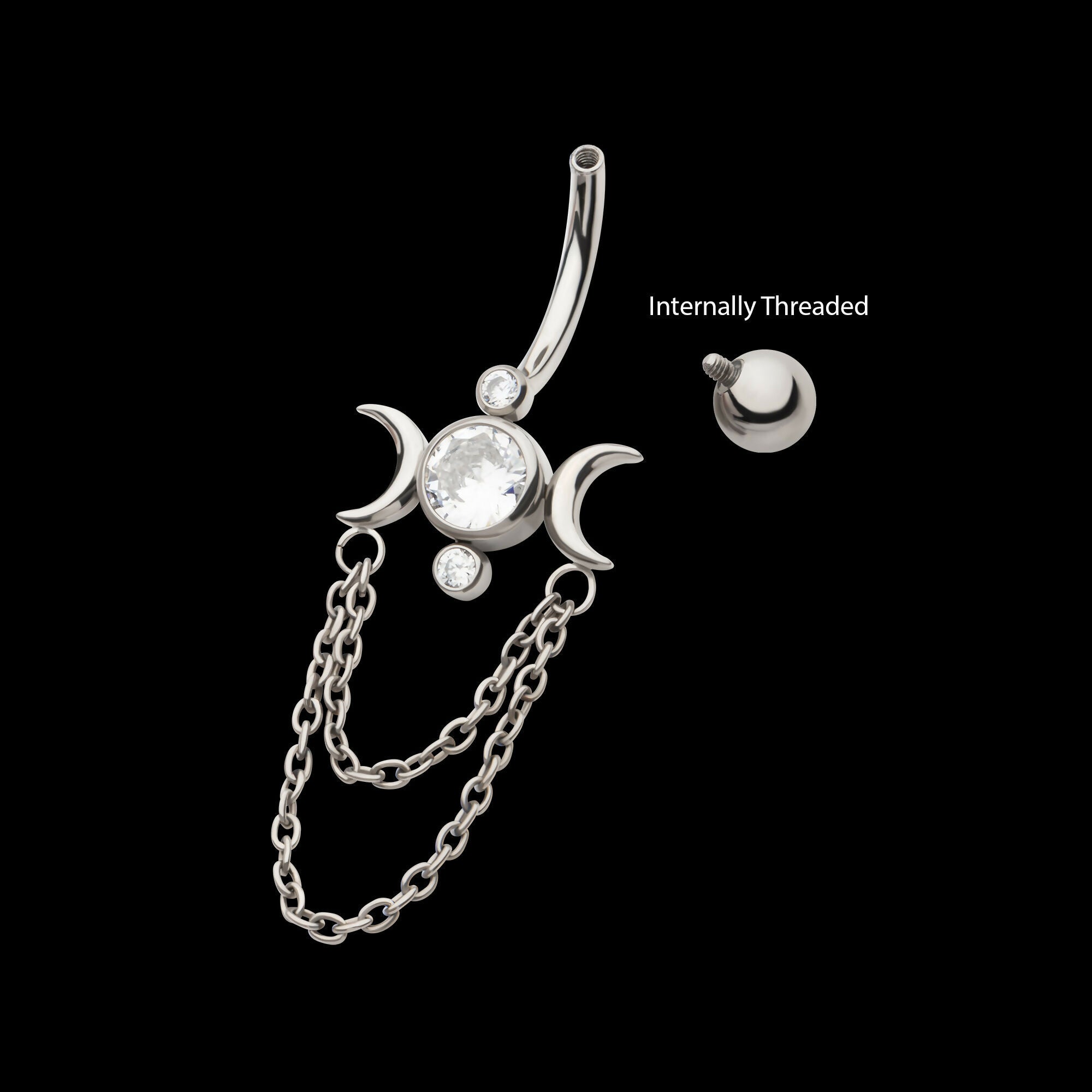 Internally Threaded Bezel Set Round Gem Triple Moon Phase Navel with 2-Tier Chain Dangle Earring / Nosering – Titanium