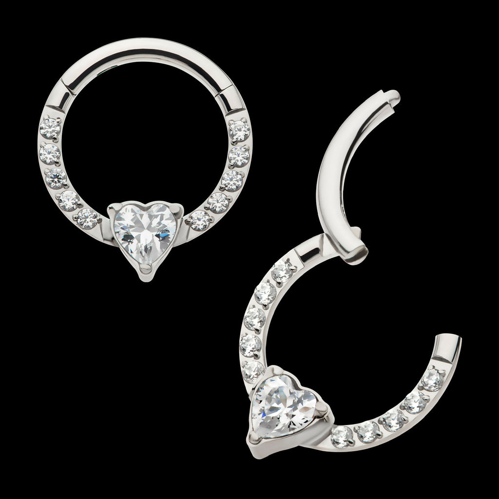 1mm CNC Set Full Clear CZ & Big Heart CZ Front Facing Hinged Segment Clicker Hoop Earring / Nosering – Titanium