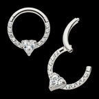 1mm CNC Set Full Clear CZ & Big Heart CZ Front Facing Hinged Segment Clicker Hoop Earring / Nosering – Titanium