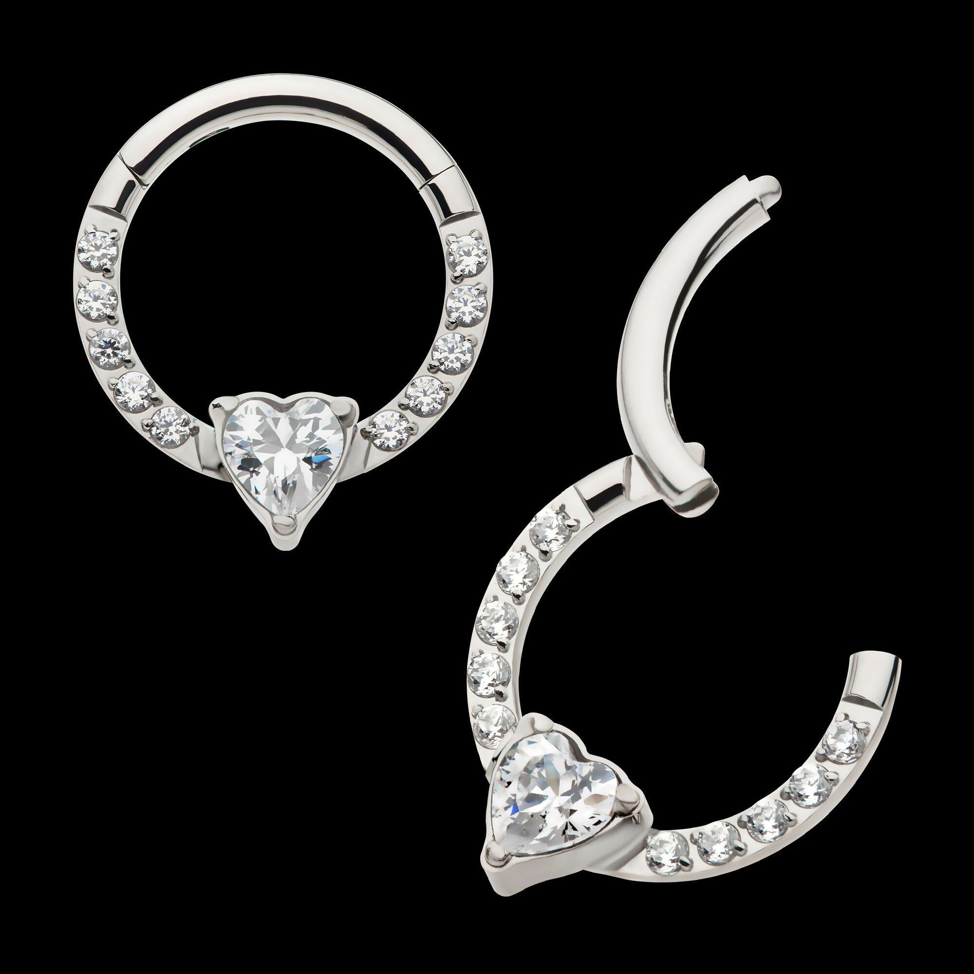 1mm CNC Set Full Clear CZ & Big Heart CZ Front Facing Hinged Segment Clicker Hoop Earring / Nosering – Titanium