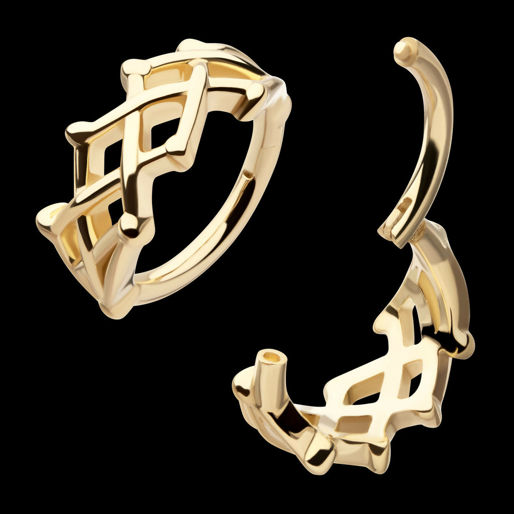 Woven Crown of Thorns Side Facing Hinged Segment Clicker Hoop Earring / Nosering – 14Kt Yellow Gold
