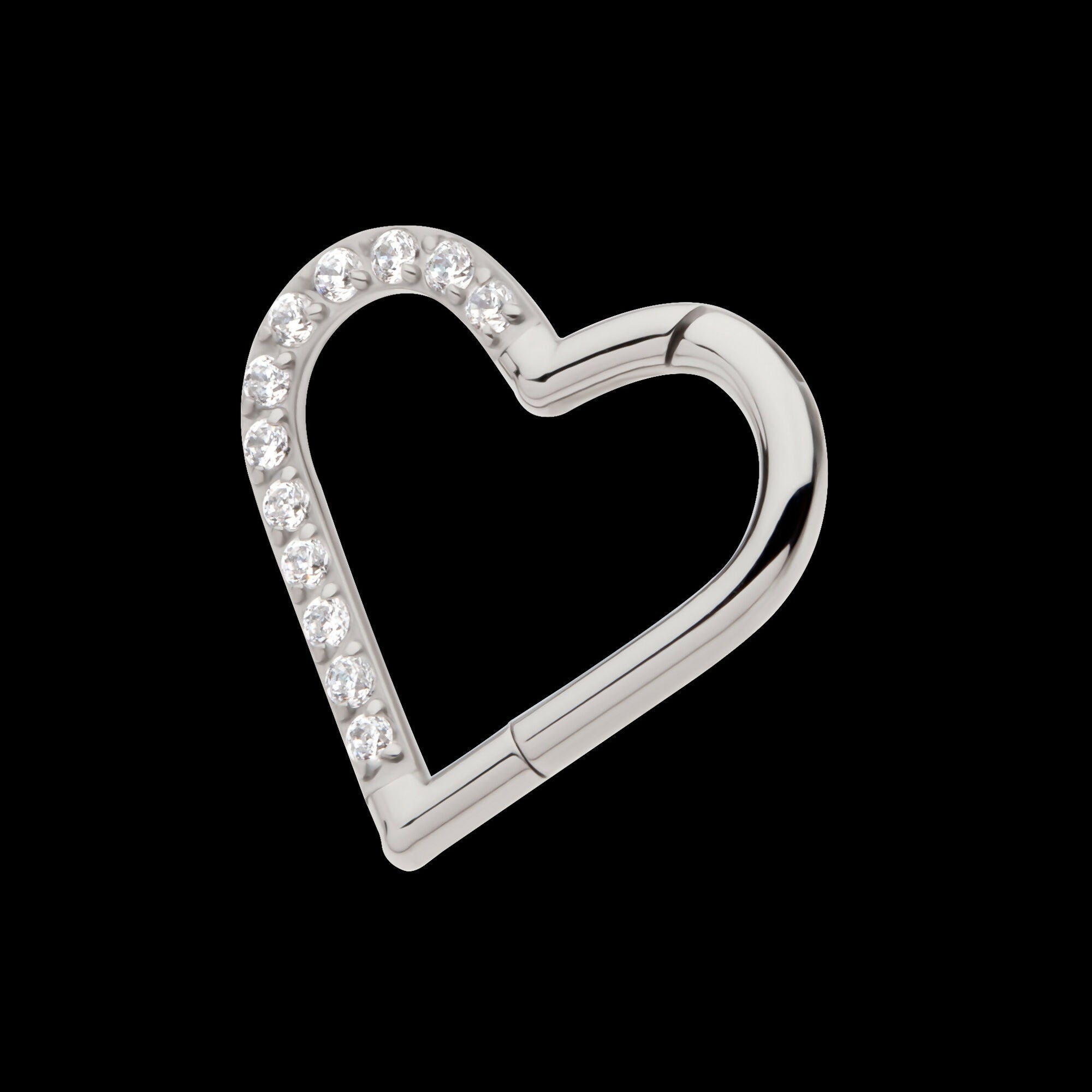 CNC Set Gem Heart Front Facing Hinged Segment Clicker (For Right Ear) Hoop Earring / Nosering – Titanium