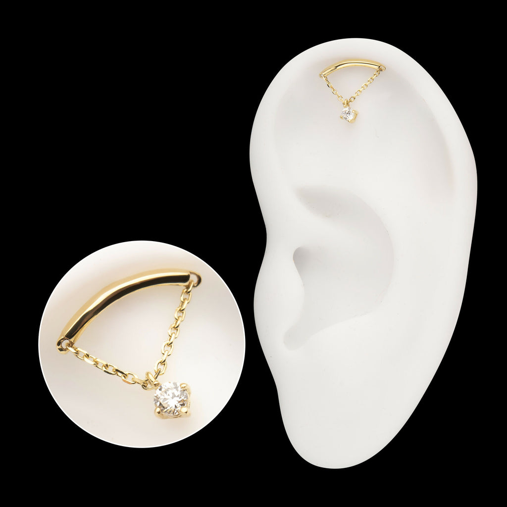 14Kt Yellow Gold Threadless Curved Bar Top with 4-Prong Lab-Grown Diamond Dangle