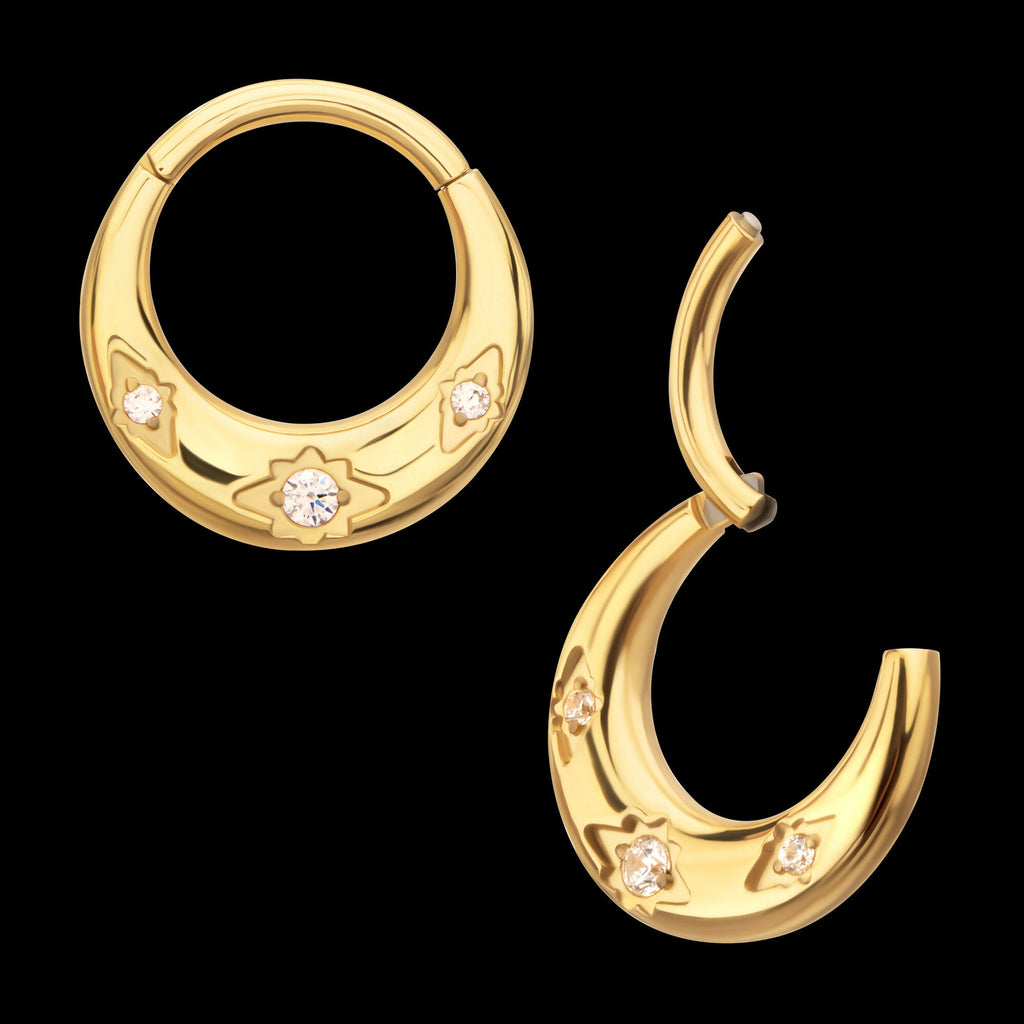 24Kt Gold PVD Titanium Triple Etched Design with Prong Set Gem Sleek Dome Septum Front Facing Hinged Segment Clicker Hoop Earring / Nosering