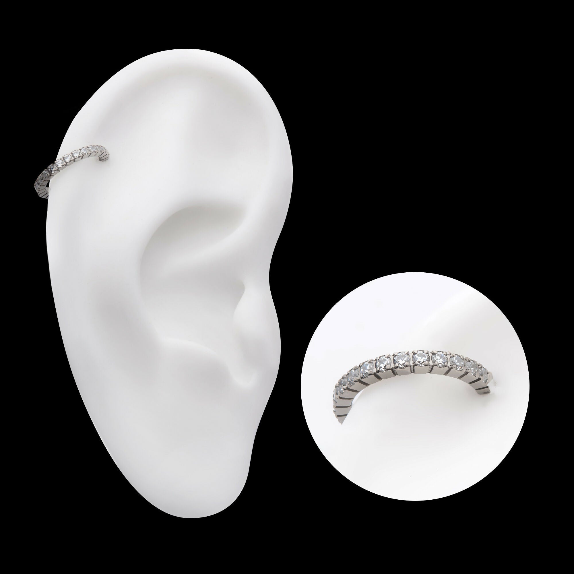 Prong Set Full Clear CZ Side Facing Hinged Segment Clicker Hoop Earring / Nosering – Titanium