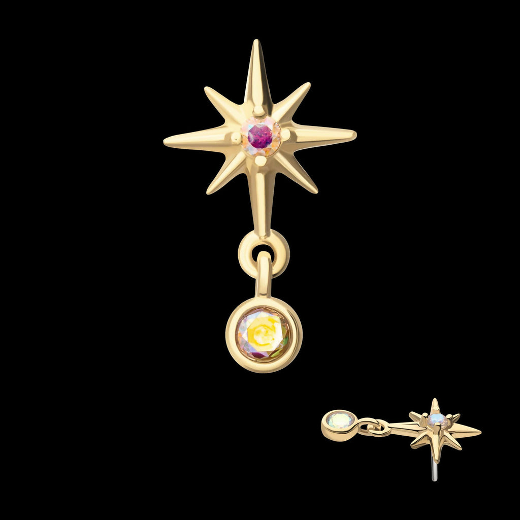 14Kt Yellow Gold Threadless Prong Set Gem North Star Top with Bezel Round Dangle