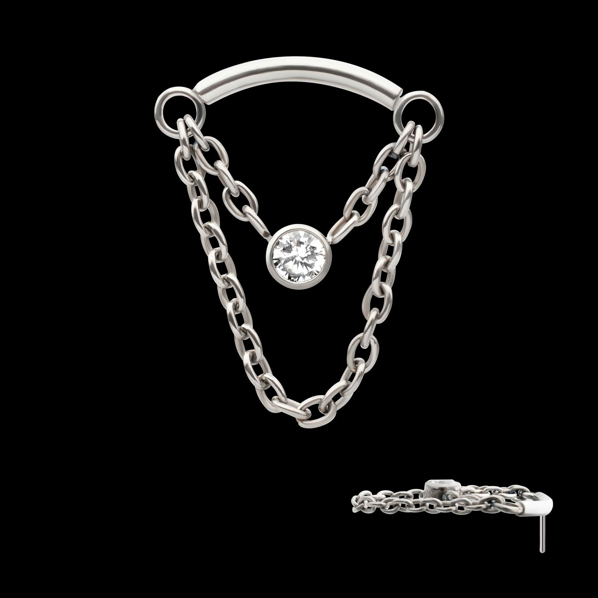 Titanium Threadless 2-Tier Dangle Chain Curved Bar Top with Bezel Round CZ