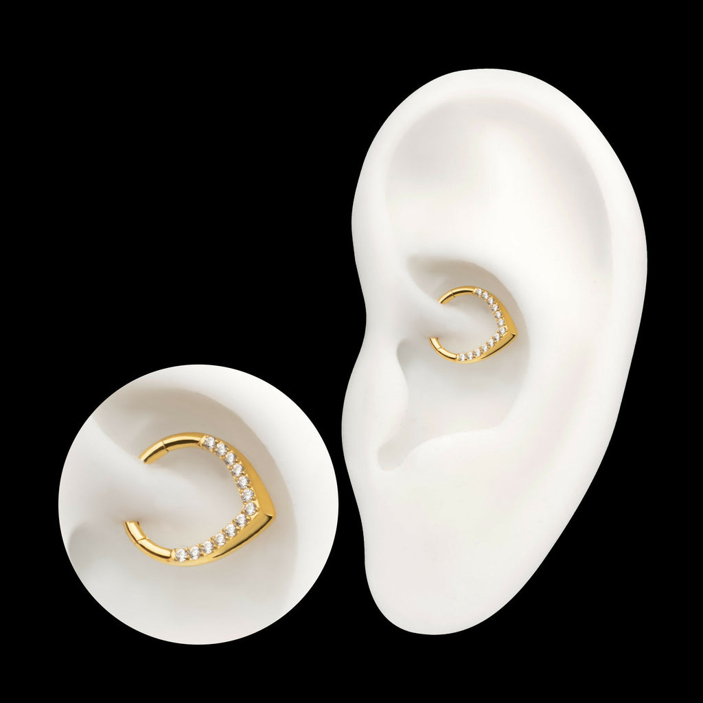 24Kt Gold PVD Titanium Pave Gem V-Shape Front Facing Hinged Segment Clicker Hoop Earring / Nosering