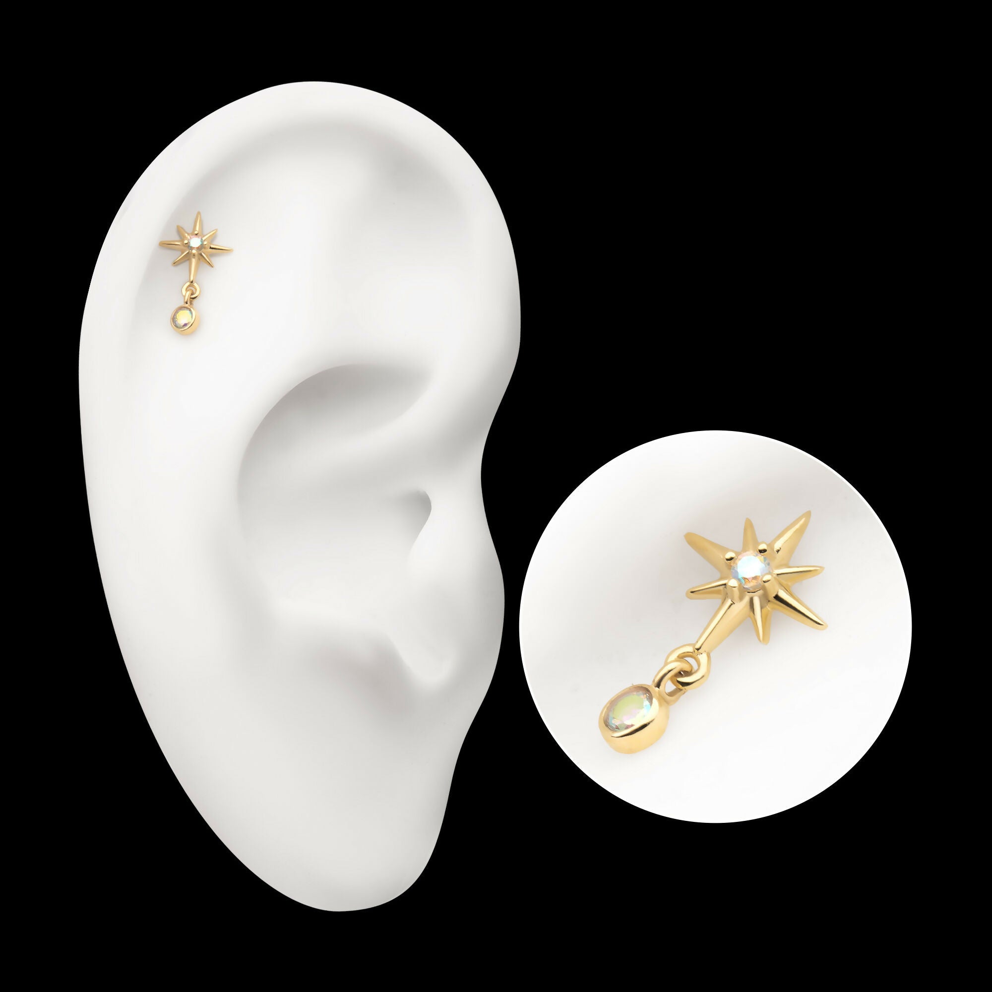 14Kt Yellow Gold Threadless Prong Set Gem North Star Top with Bezel Round Dangle