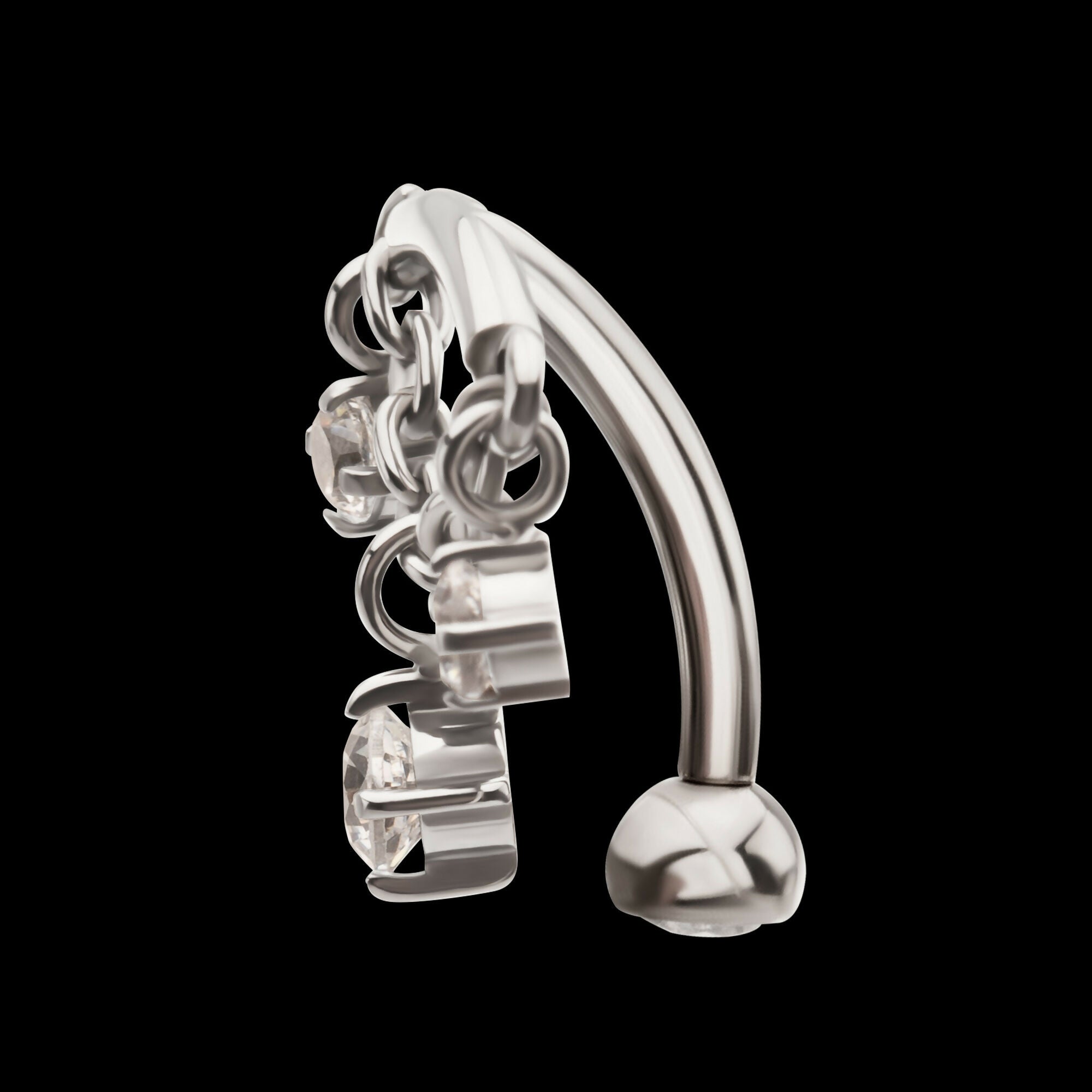 Internally Threaded Fixed Top Curved Barbell with Triple Floating Prong Gem Dangle Earring / Nosering – Titanium