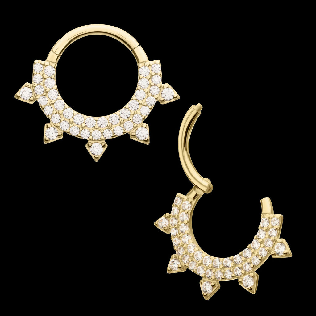 14Kt Yellow Gold Double Row Pave Gem with Spike Front Facing Hinged Segment Clicker