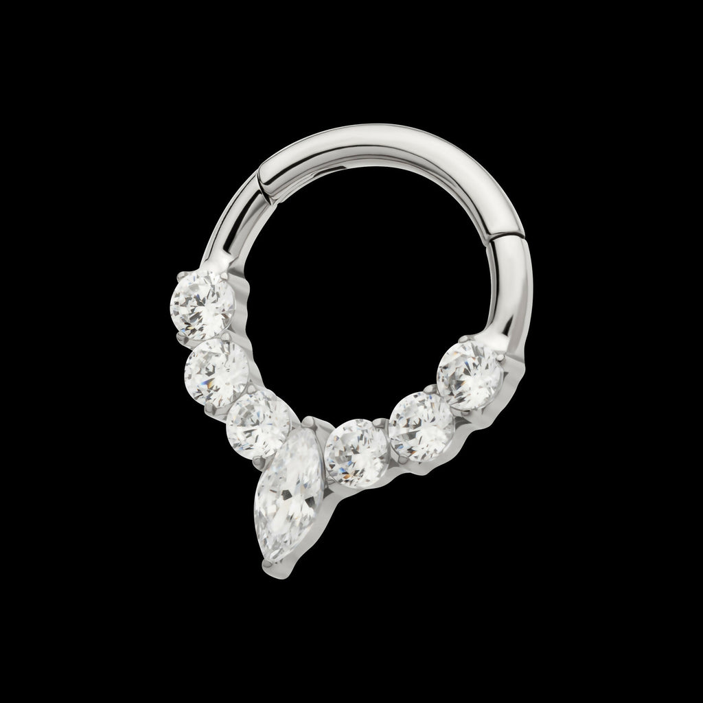 Clustered Prong Set Round CZ with Center Marquise CZ Front Facing Hinged Segment Clicker Hoop Earring / Nosering – Titanium