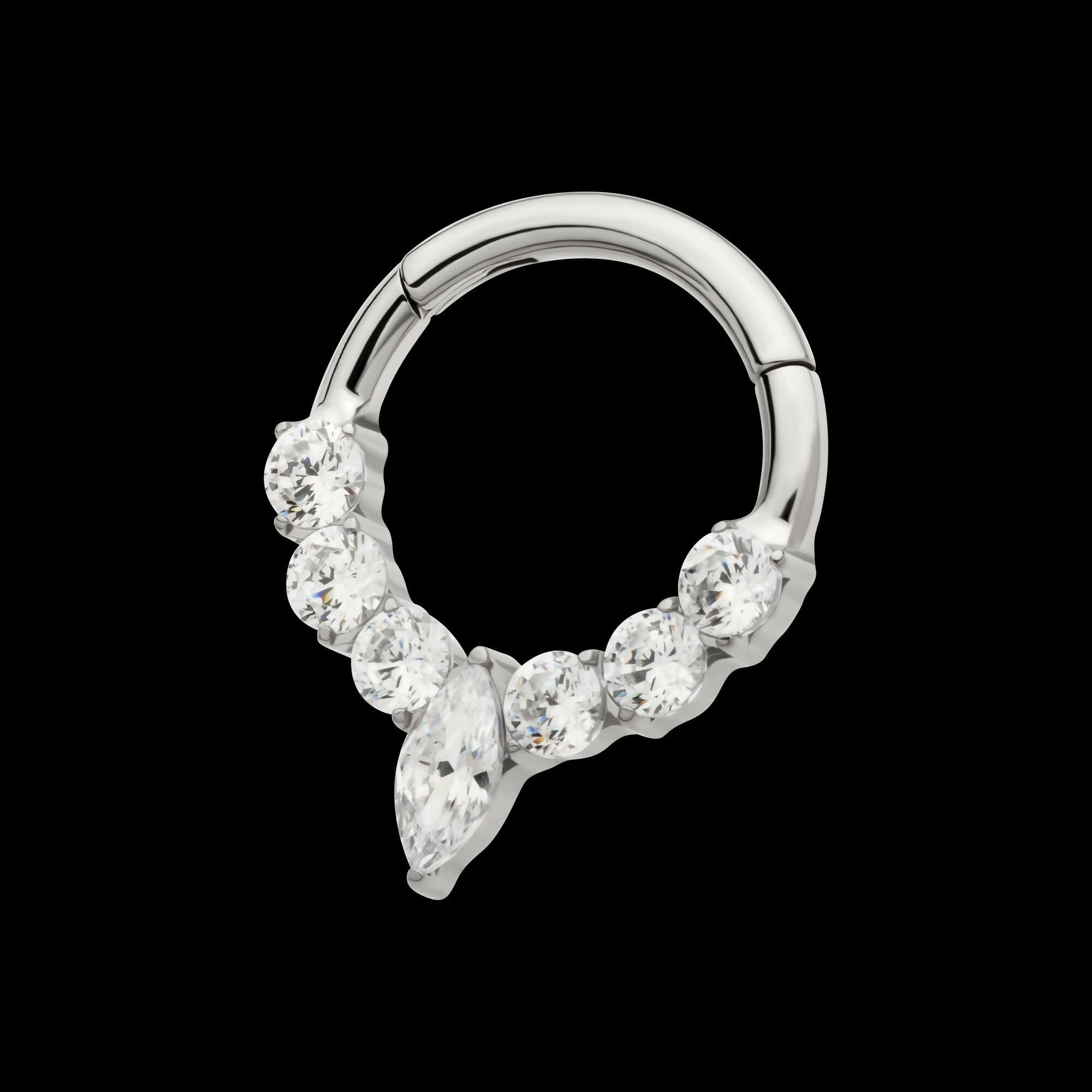 Clustered Prong Set Round CZ with Center Marquise CZ Front Facing Hinged Segment Clicker Hoop Earring / Nosering – Titanium