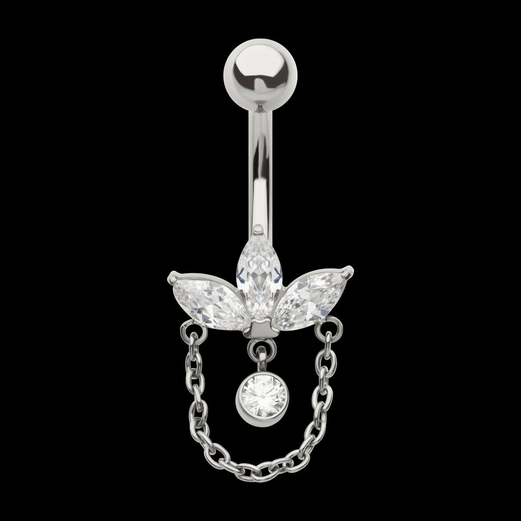 Internally Threaded Marquise Gem Fan Navel with Floating Gem and Chain Dangle Earring / Nosering – Titanium
