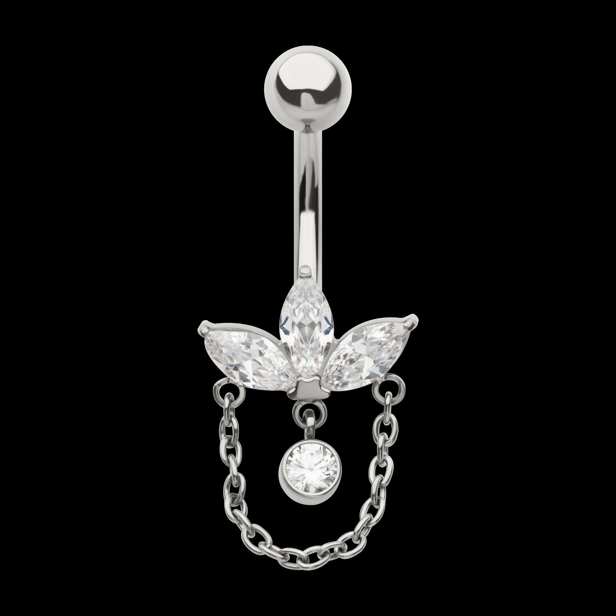 Internally Threaded Marquise Gem Fan Navel with Floating Gem and Chain Dangle Earring / Nosering – Titanium