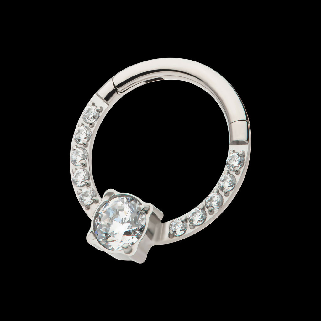 1mm CNC Set Full Clear CZ & Big Round CZ Front Facing Hinged Segment Clicker Hoop Earring / Nosering – Titanium