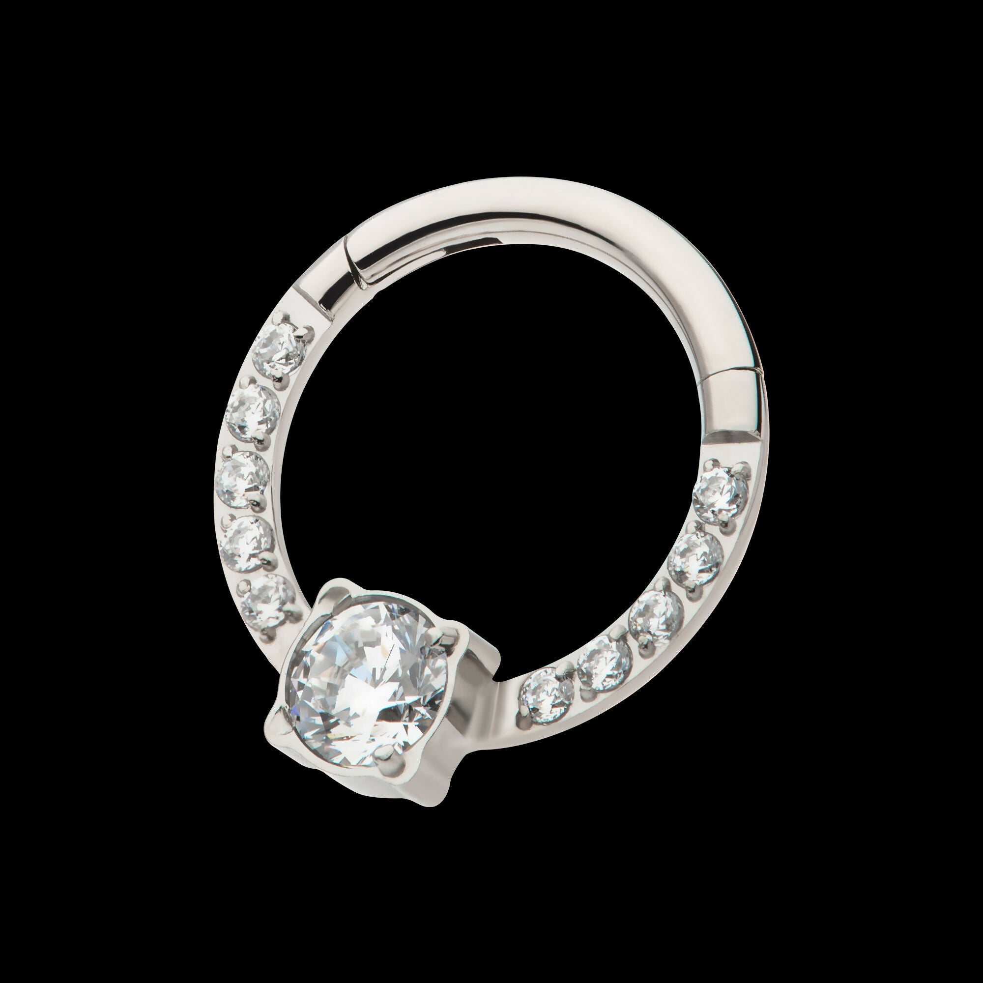 1mm CNC Set Full Clear CZ & Big Round CZ Front Facing Hinged Segment Clicker Hoop Earring / Nosering – Titanium
