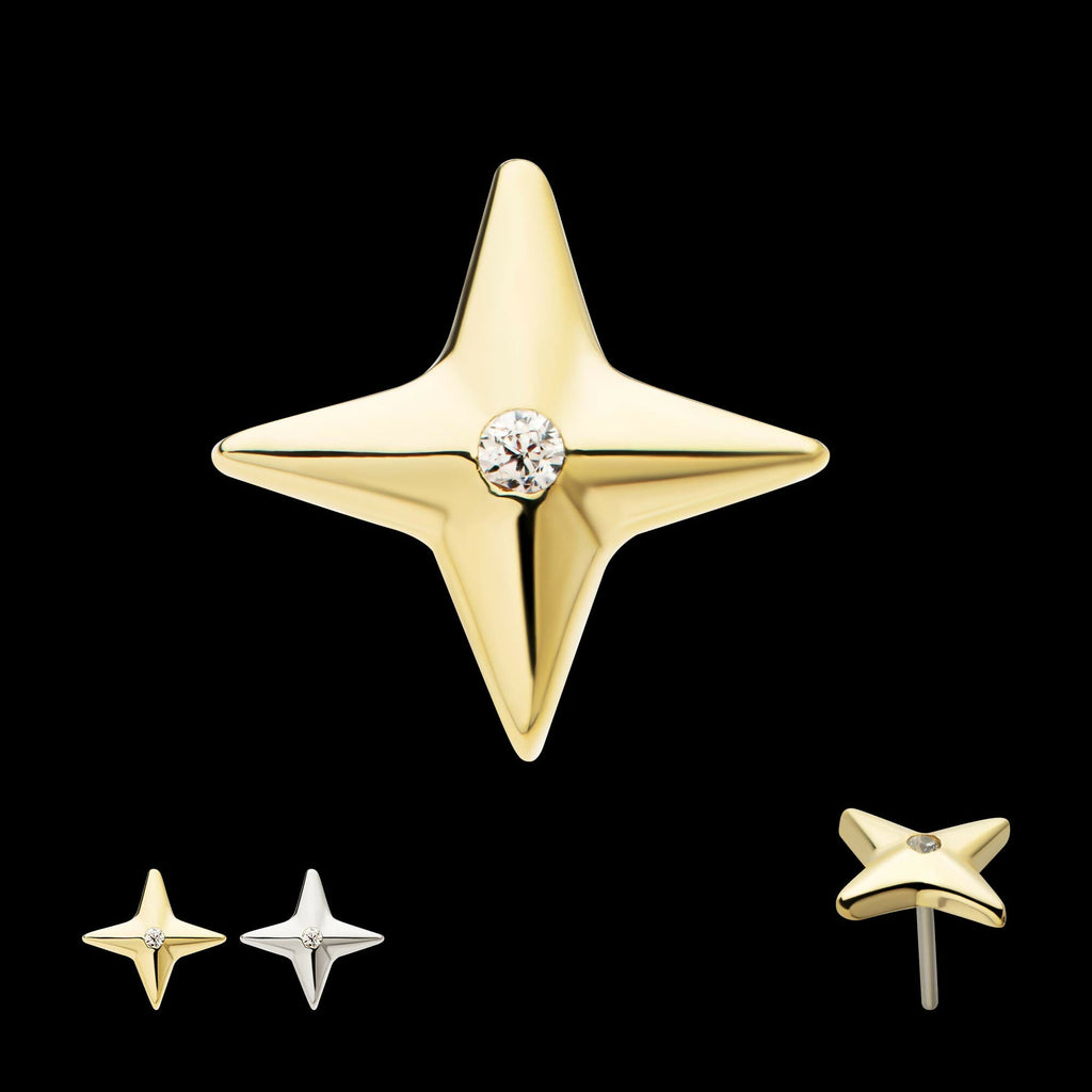 14Kt Gold Threadless Celestial Star with Central CZ Gem Top