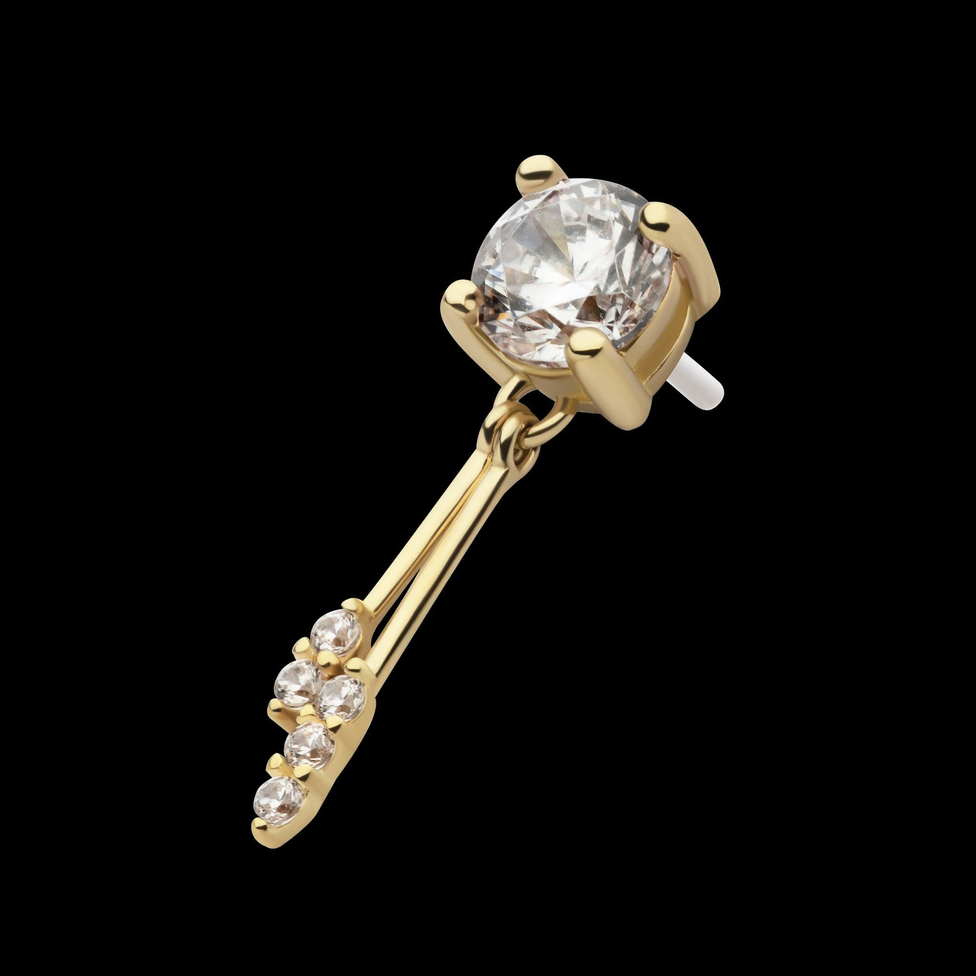 14Kt Gold Threadless Prong Set CZ Top with Gemmed Dangle Double Bar