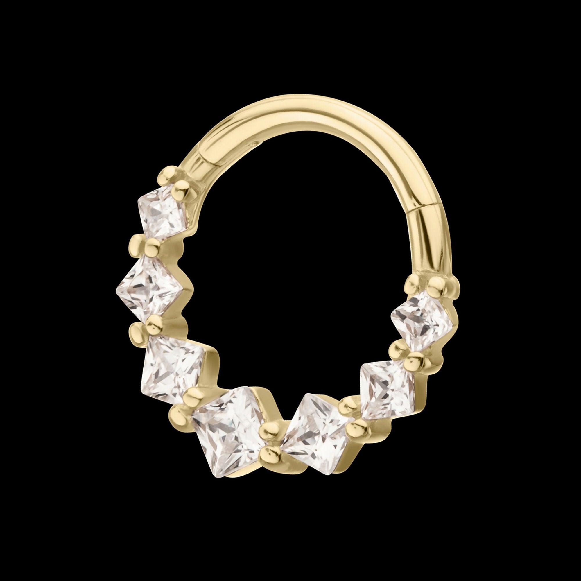 Prong Set Princess Gem Cluster Front Facing Hinged Segment Clicker Hoop Earring / Nosering – 14Kt Yellow Gold
