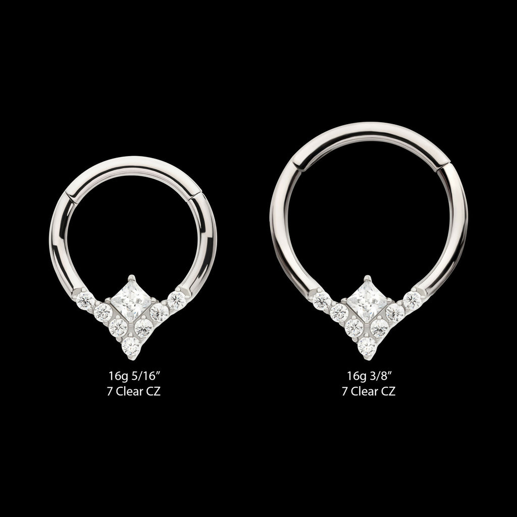 Clustered Prong Set Round CZ with Center Princess Gem Front Facing Hinged Segment Clicker Hoop Earring / Nosering – Titanium