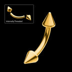 24KT Gold PVD Titanium Internally Threaded Spike End Curved Barbell Earring / Nosering