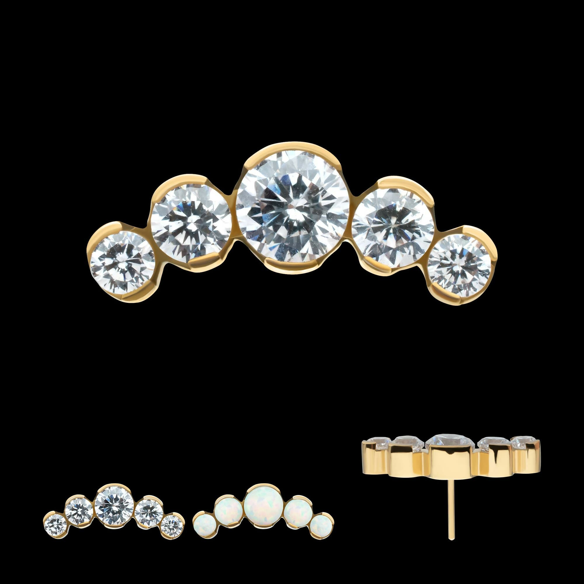 24Kt Gold PVD Titanium Threadless Semi-Bezel Set Round Gem/Opal 5-Cluster Top