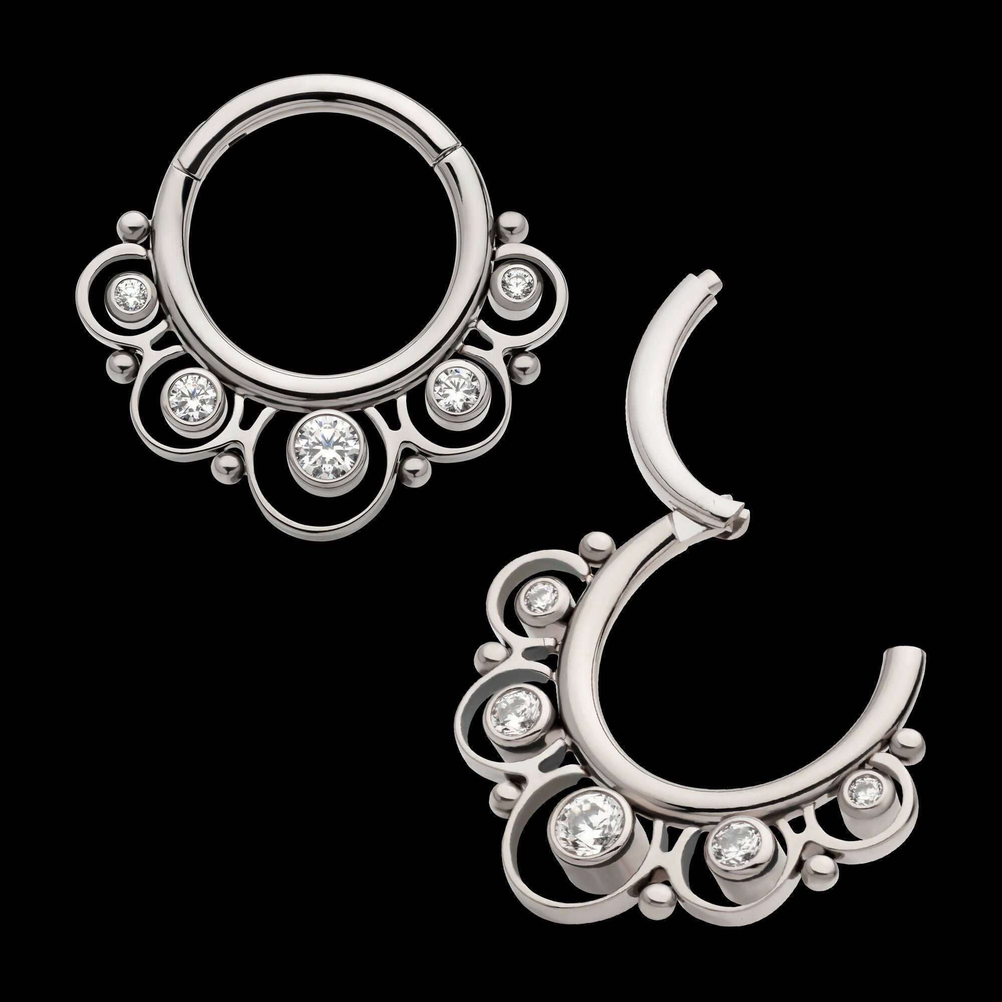 Beads & 5-Bezel Set Gem Front Facing Hinged Segment Clicker Hoop Earring / Nosering – Titanium