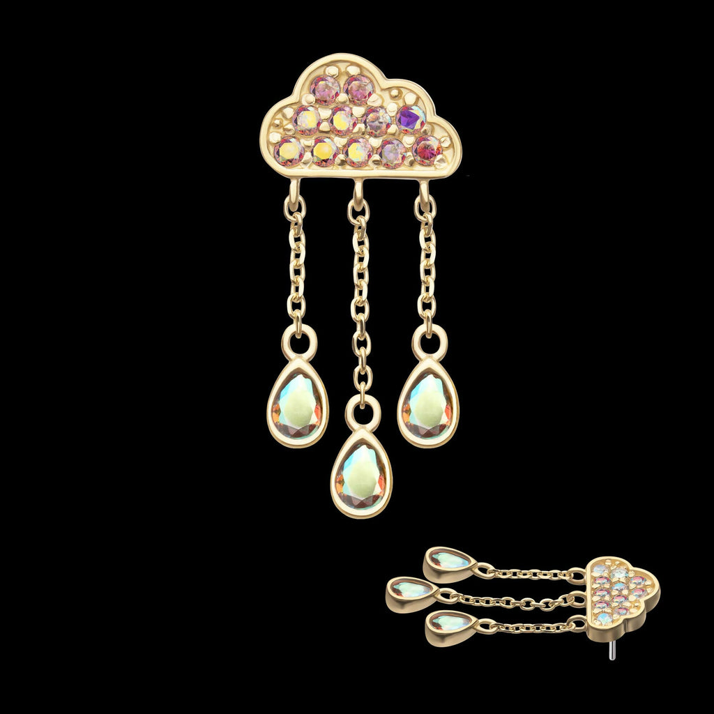14Kt Yellow Gold Threadless Pave Round Gem Cloud Top with Bezel Pear Trio Dangle