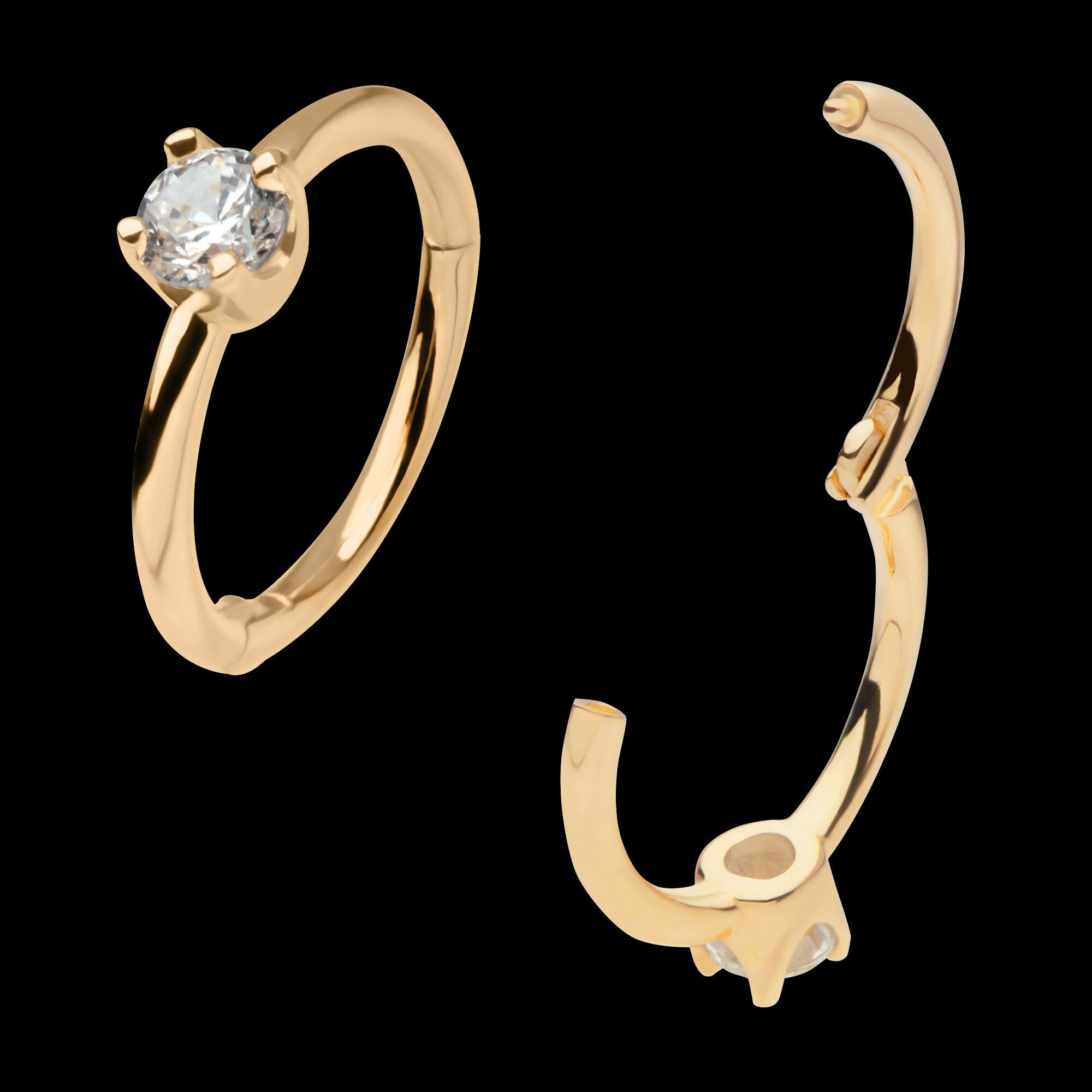 Prong Set Single Clear CZ Side Facing Hinged Segment Clicker Hoop Earring / Nosering – 14Kt Yellow Gold