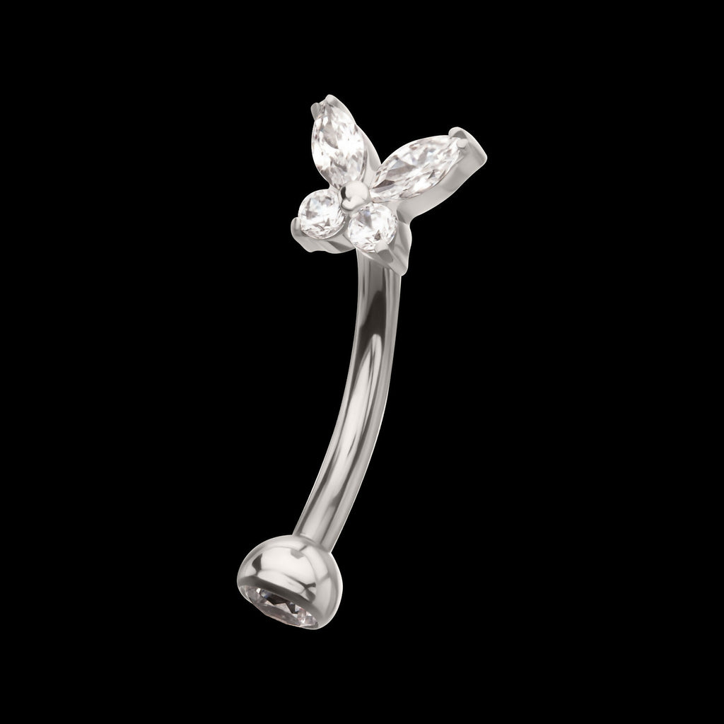 Internally Threaded Butterfly Fixed Top Curved Barbell with Prong Set Marquise & Round Gem Earring / Nosering – Titanium