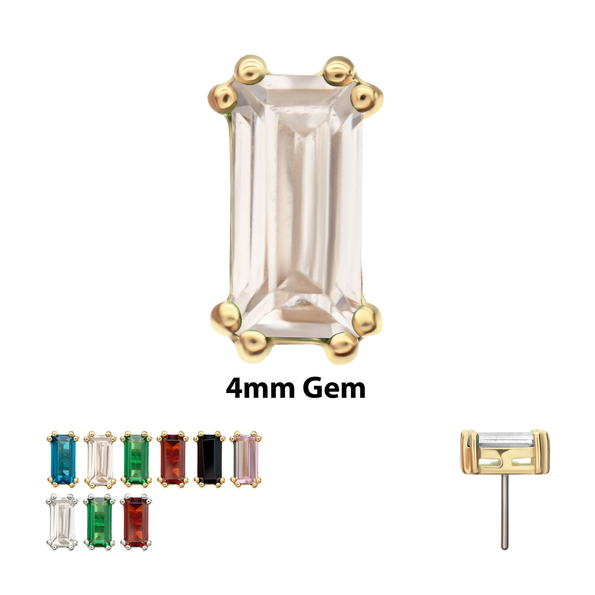 4mm Emerald Cut Prong Set Gem Flatback Stud Earring / Nosering - Gem in 14Kt Gold